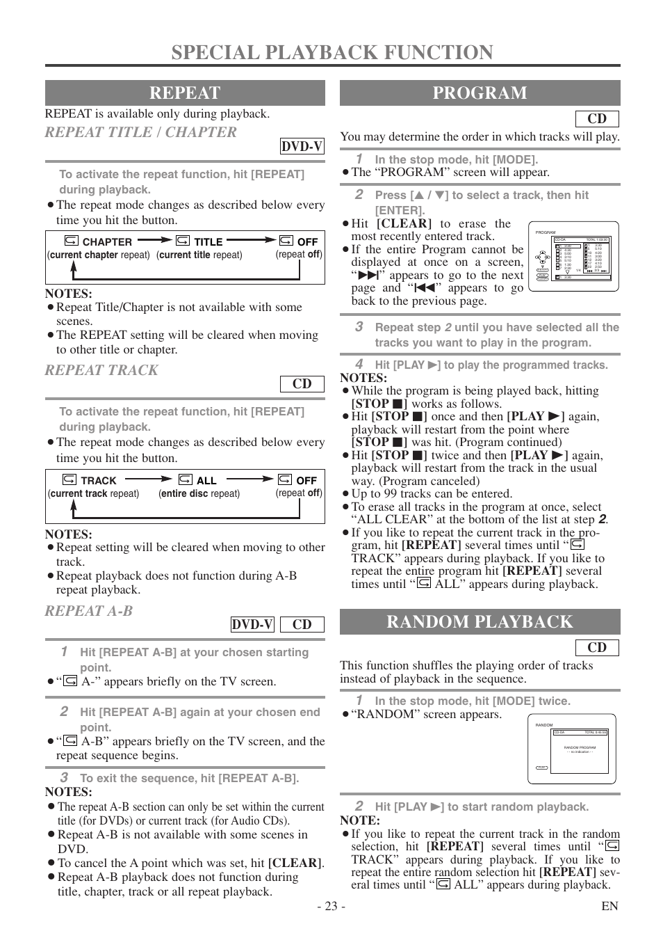 Special playback function, Repeat, Program | Random playback, Repeat title / chapter, Repeat track, Repeat a-b, Dvd-v, Cd dvd-v, 23 - en | FUNAI MSD513F User Manual | Page 23 / 40