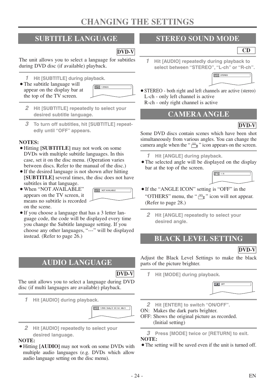 Changing the settings, Audio language, Stereo sound mode | Subtitle language camera angle, Black level setting | FUNAI MSD513F User Manual | Page 24 / 40