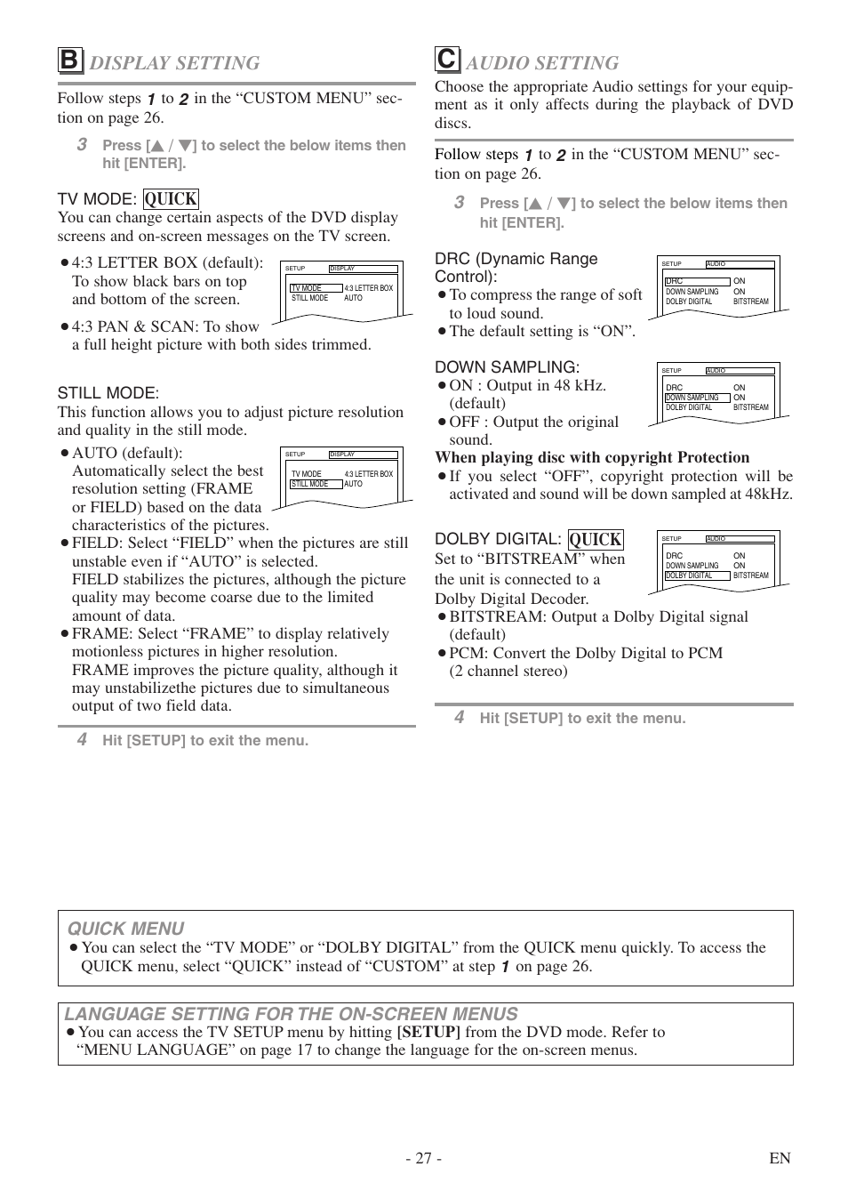 Audio setting, Display setting, Quick | Language setting for the on-screen menus, Quick menu | FUNAI MSD513F User Manual | Page 27 / 40