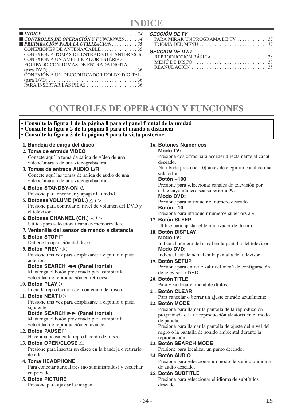 Indice, Controles de operación y funciones | FUNAI MSD513F User Manual | Page 34 / 40