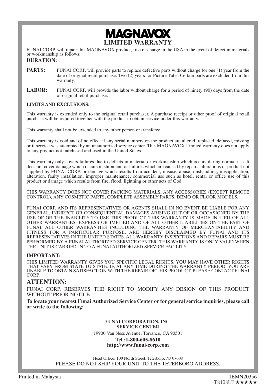 Limited warranty, Attention | FUNAI MSD513F User Manual | Page 40 / 40