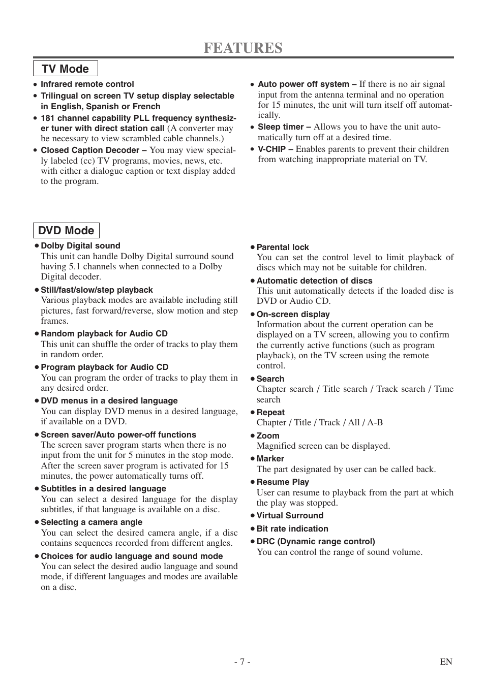 Features, Tv mode, Dvd mode | FUNAI MSD513F User Manual | Page 7 / 40