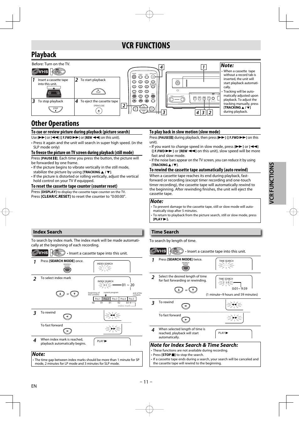Playback, Other operations, Vcr functions | Index search, Time search | FUNAI DV220TT8 User Manual | Page 11 / 28