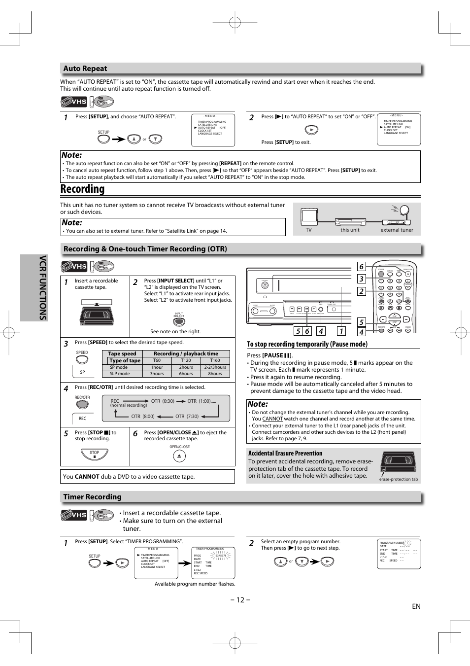 Recording, Vcr functions, Auto repeat | Timer recording, Recording & one-touch timer recording (otr), Accidental erasure prevention | FUNAI DV220TT8 User Manual | Page 12 / 28