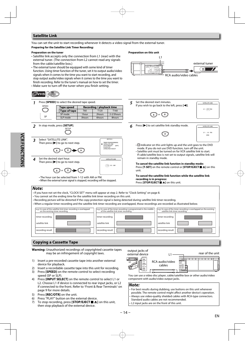 Vcr functions, Copying a cassette tape, Satellite link | Audio in video in audio out audio out, S-video out component video out video out | FUNAI DV220TT8 User Manual | Page 14 / 28