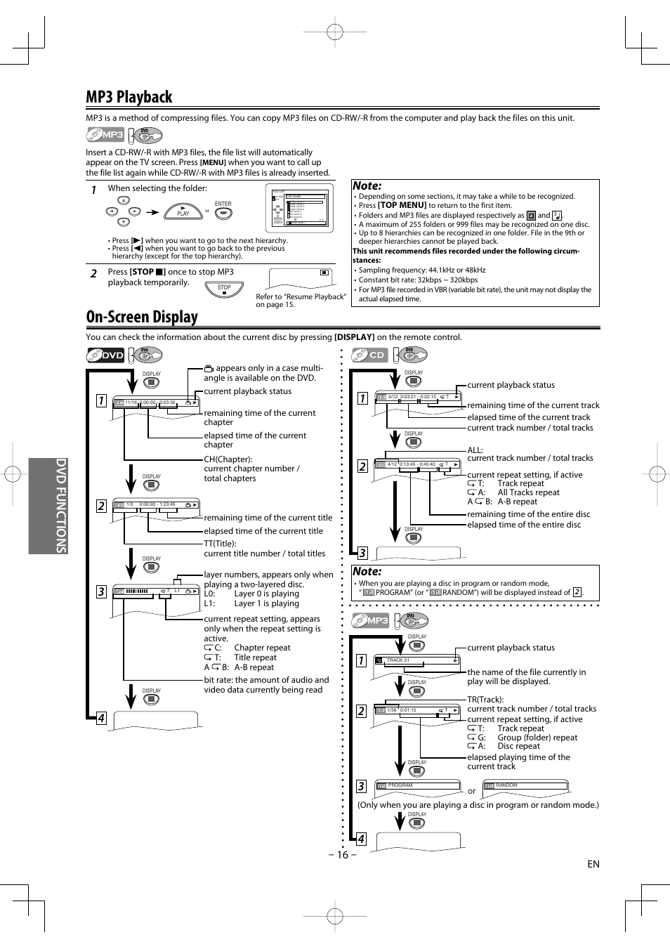 Mp3 playback, On-screen display, Dvd functions | FUNAI DV220TT8 User Manual | Page 16 / 28