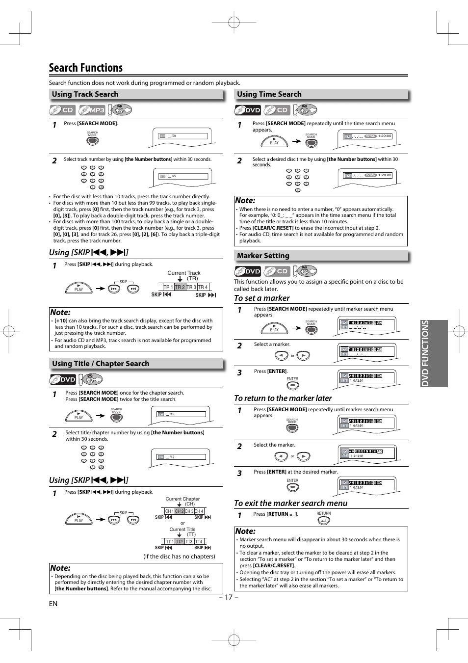 Search functions, Dvd functions, Using [skip | Using track search, Using time search, Marker setting, Using title / chapter search | FUNAI DV220TT8 User Manual | Page 17 / 28