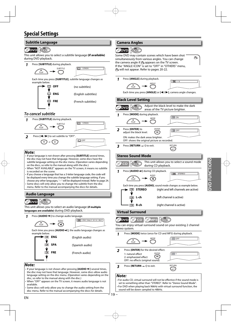 Special settings, Dvd functions, Subtitle language | Camera angles, Stereo sound mode, Black level setting, Virtual surround, Audio language | FUNAI DV220TT8 User Manual | Page 19 / 28
