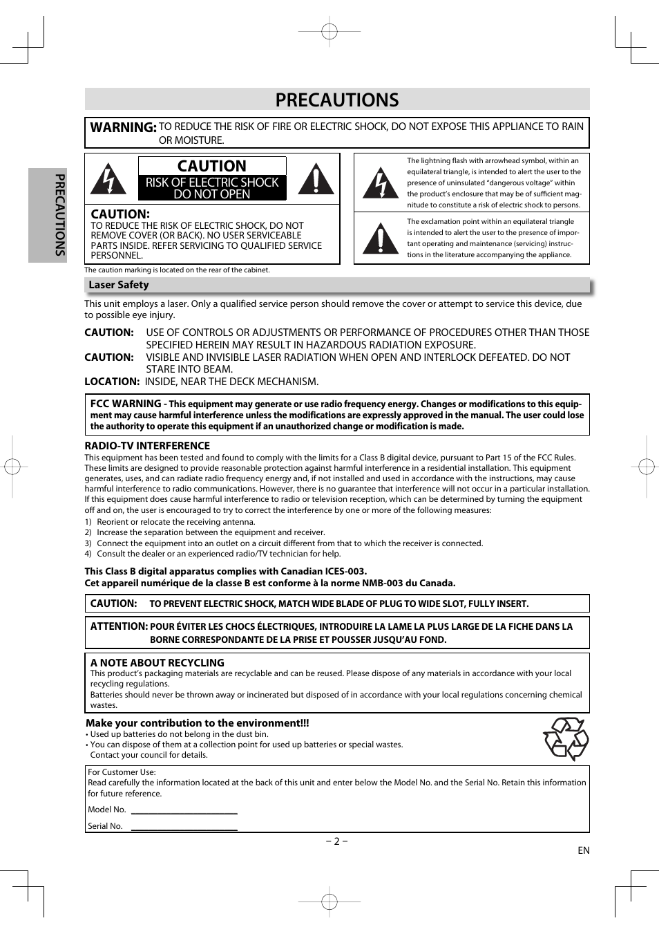 Caution, Warning, Precautions | Risk of electric shock do not open caution | FUNAI DV220TT8 User Manual | Page 2 / 28