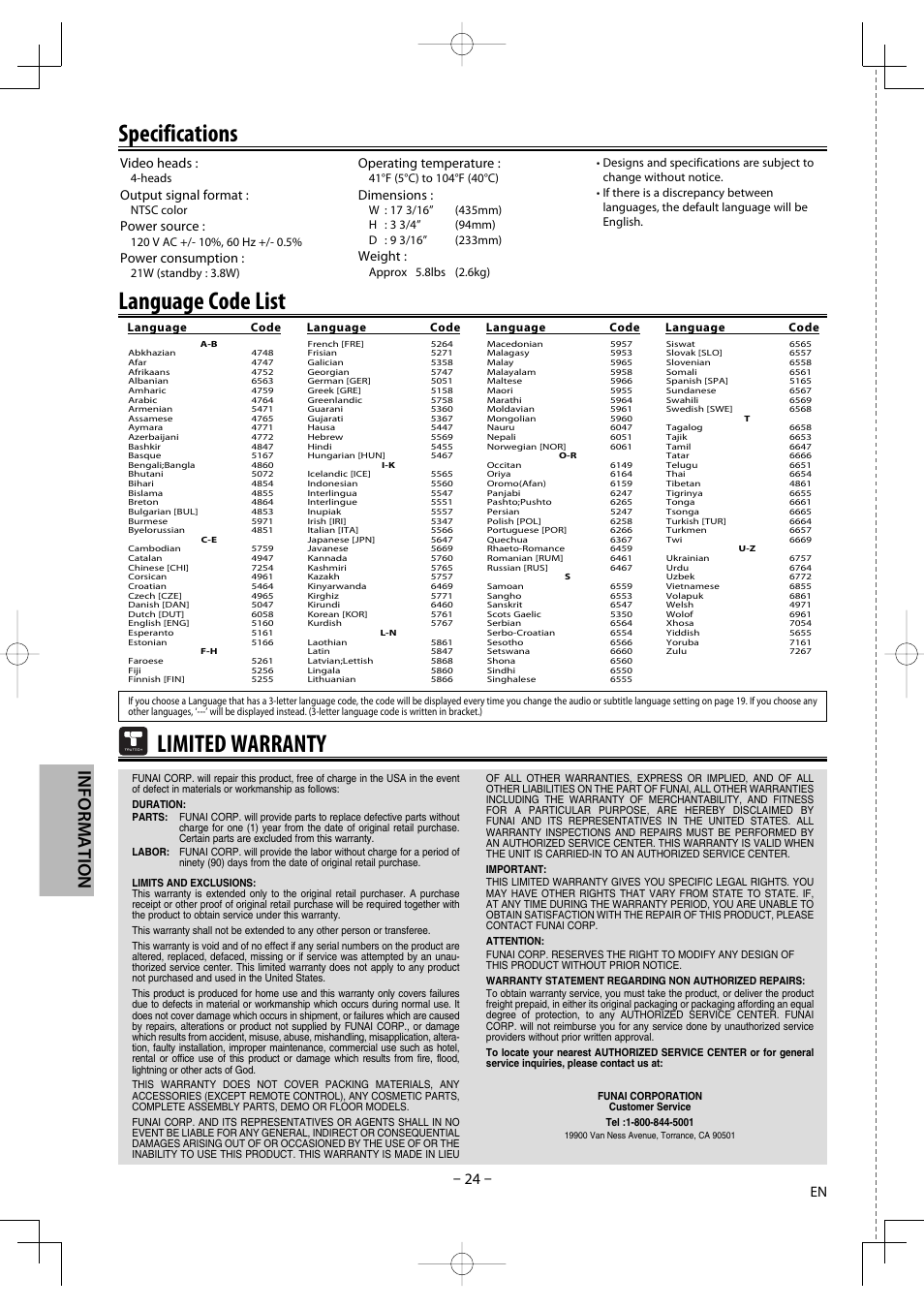 Specifications, Limited warranty language code list, Information | Video heads, Output signal format, Power source, Power consumption, Operating temperature, Dimensions, Weight | FUNAI DV220TT8 User Manual | Page 24 / 28
