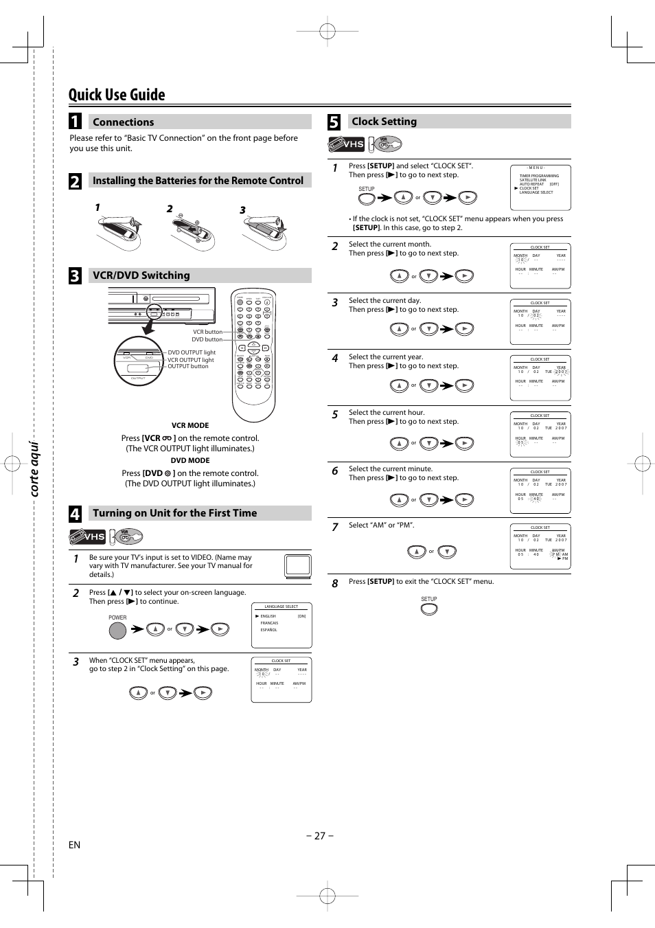 Quick use guide, Corte aquí, Connections clock setting | Installing the batteries for the remote control, Search mode, K / l | FUNAI DV220TT8 User Manual | Page 27 / 28