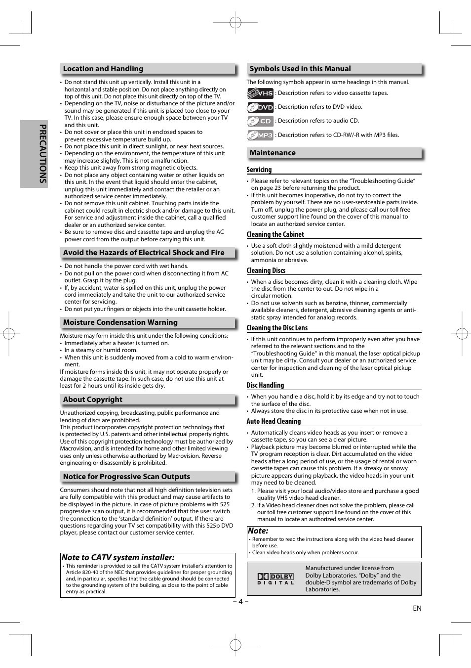 Precautions | FUNAI DV220TT8 User Manual | Page 4 / 28