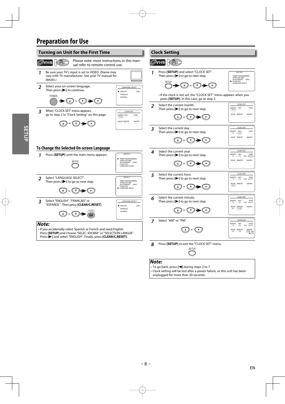 Preparation for use, Setup, Turning on unit for the first time | Clock setting | FUNAI DV220TT8 User Manual | Page 8 / 28