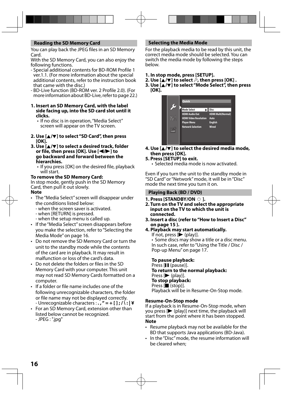 Reading the sd memory card, Selecting the media mode, Playing back (bd / dvd) | FUNAI MBP5120F/F7 User Manual | Page 16 / 48