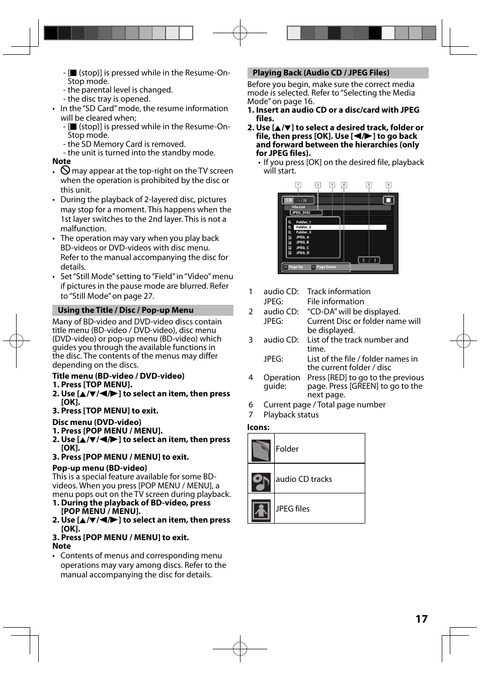 Using the title / disc / pop-up menu, Playing back (audio cd / jpeg files) | FUNAI MBP5120F/F7 User Manual | Page 17 / 48