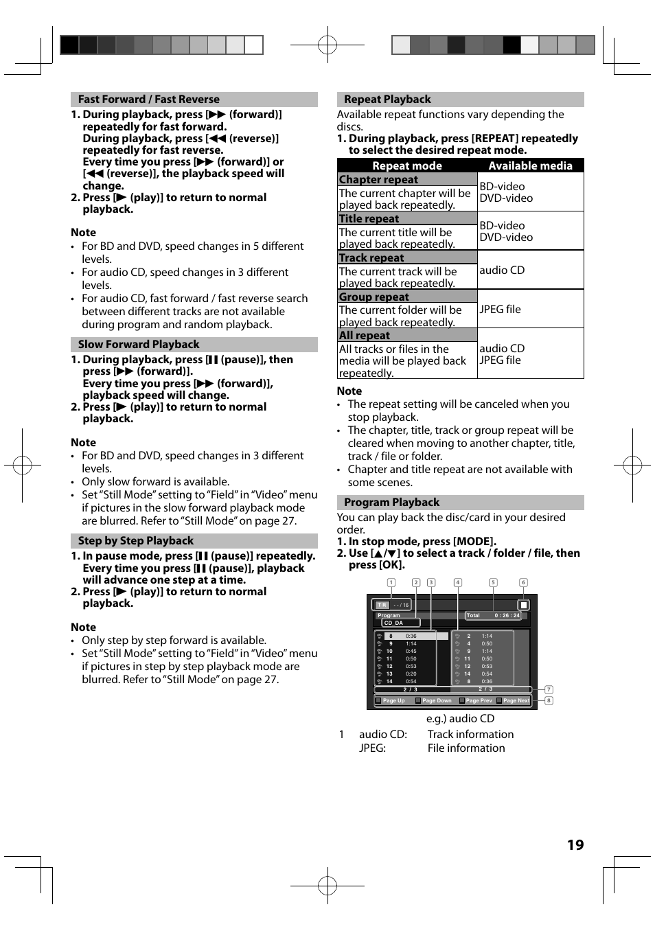 Fast forward / fast reverse, Slow forward playback, Step by step playback | Repeat playback, Program playback | FUNAI MBP5120F/F7 User Manual | Page 19 / 48
