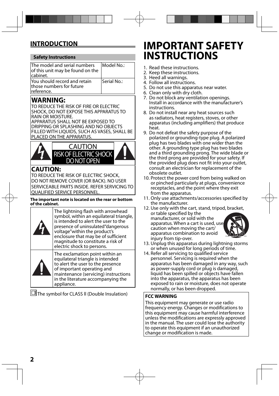 Introduction, Safety instructions, Important safety instructions | Warning, Caution risk of electric shock do not open | FUNAI MBP5120F/F7 User Manual | Page 2 / 48