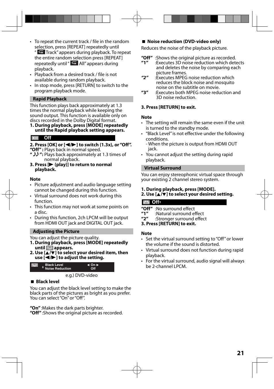 Rapid playback, Adjusting the picture, Virtual surround | FUNAI MBP5120F/F7 User Manual | Page 21 / 48