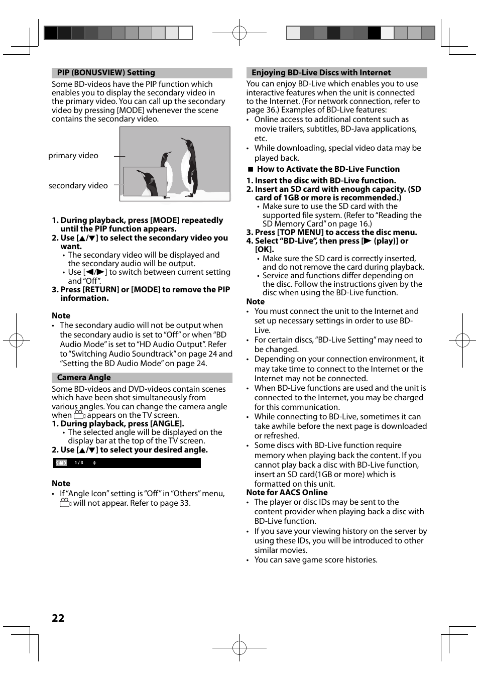 Pip (bonusview) setting, Camera angle, Enjoying bd-live discs with internet | FUNAI MBP5120F/F7 User Manual | Page 22 / 48