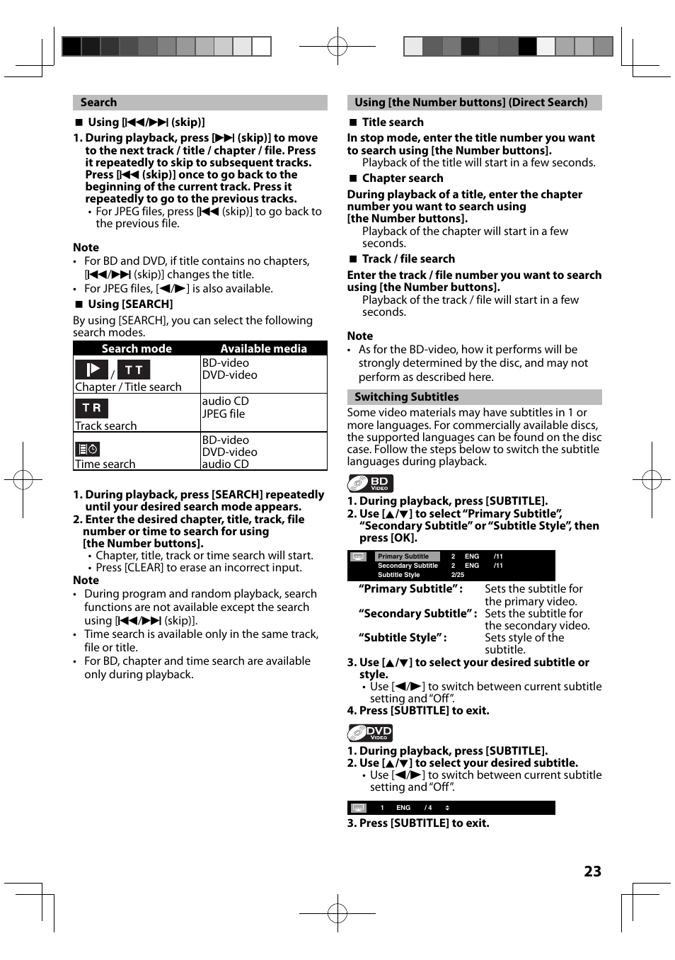 Search, Using [the number buttons] (direct search), Switching subtitles | FUNAI MBP5120F/F7 User Manual | Page 23 / 48