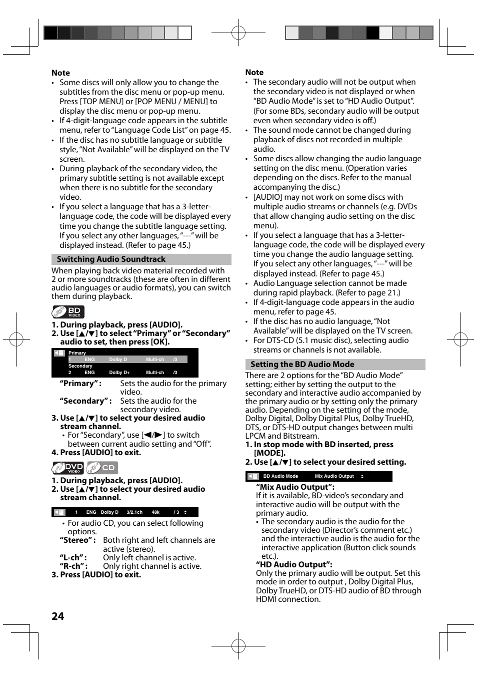 Switching audio soundtrack, Setting the bd audio mode | FUNAI MBP5120F/F7 User Manual | Page 24 / 48