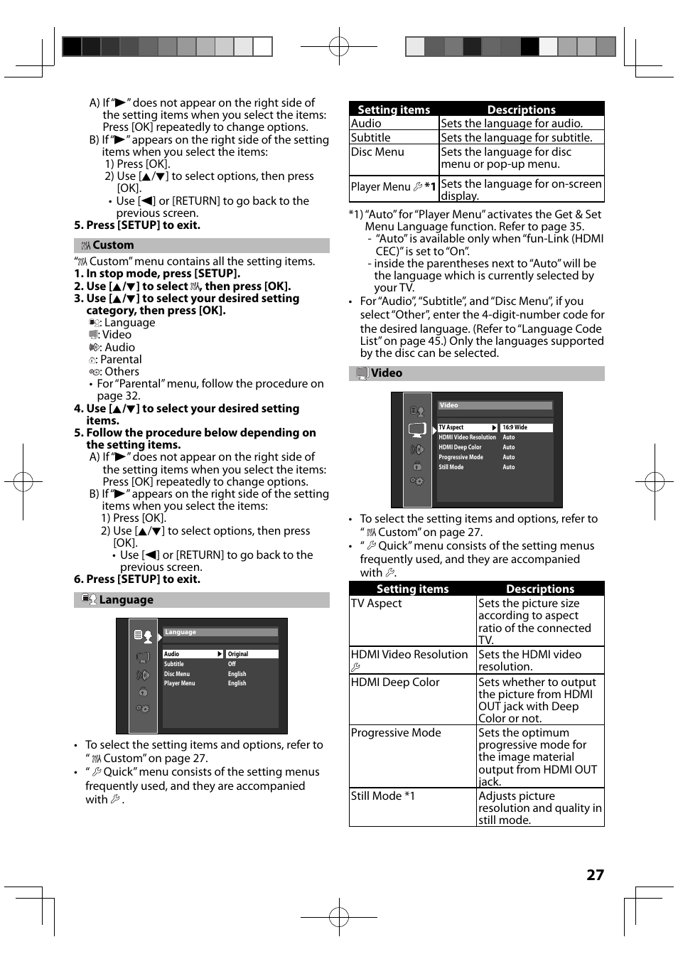 Custom, Language, Video | FUNAI MBP5120F/F7 User Manual | Page 27 / 48