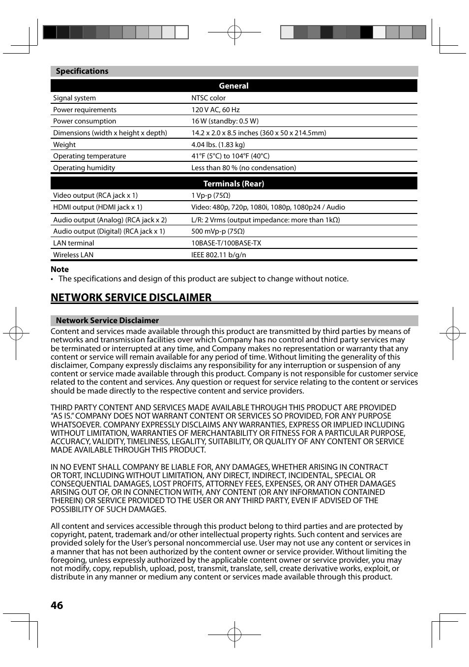 Specifications, Network service disclaimer | FUNAI MBP5120F/F7 User Manual | Page 46 / 48