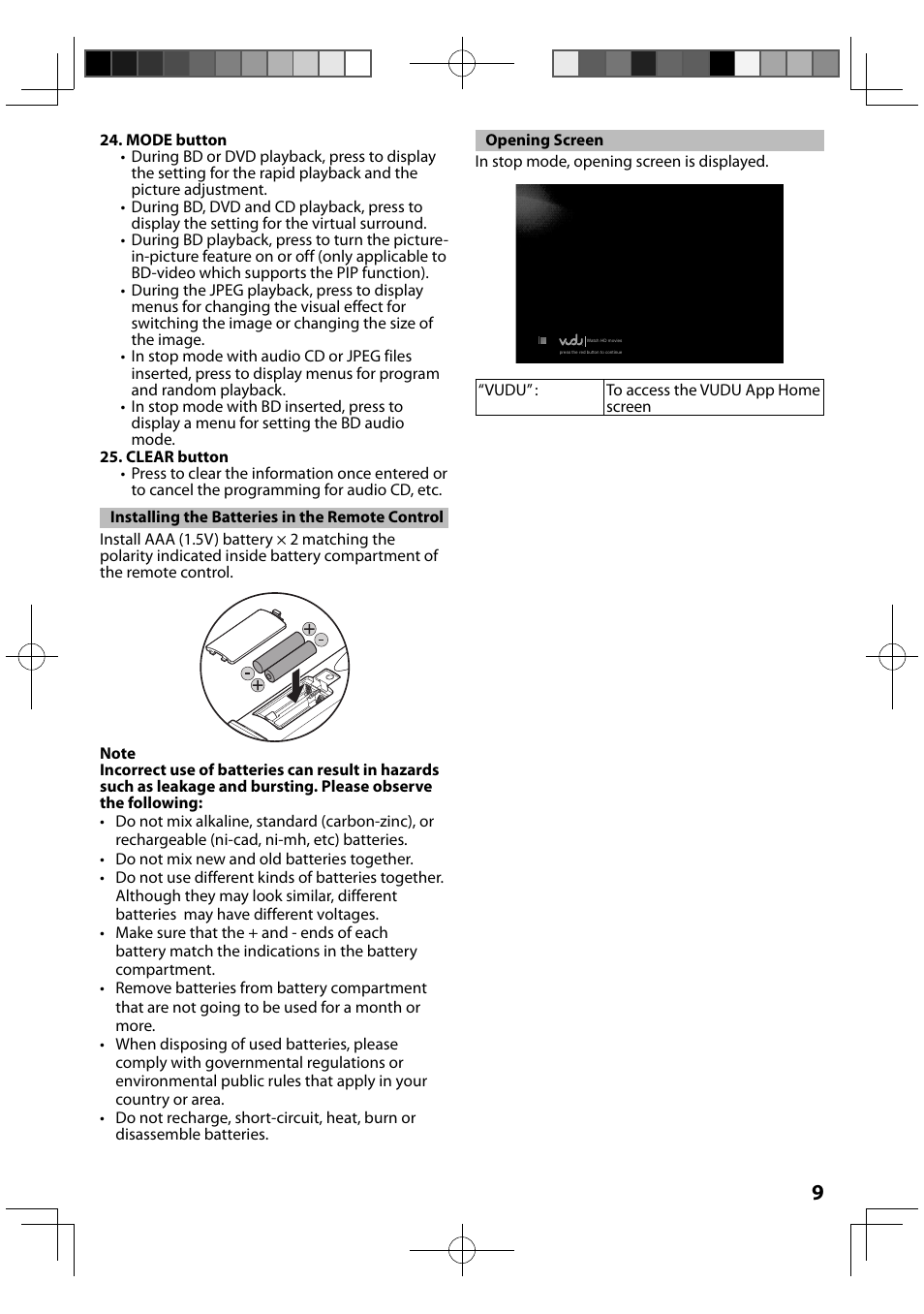 Installing the batteries in the remote control, Opening screen | FUNAI MBP5120F/F7 User Manual | Page 9 / 48