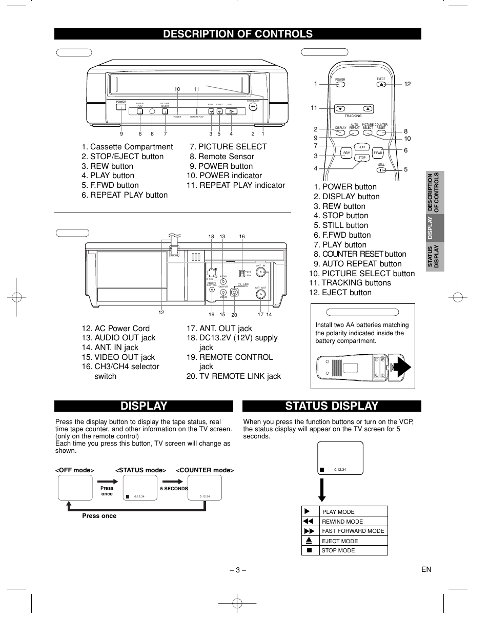 Status display, Display, Description of controls | 3 – en | FUNAI MFV209C User Manual | Page 3 / 8