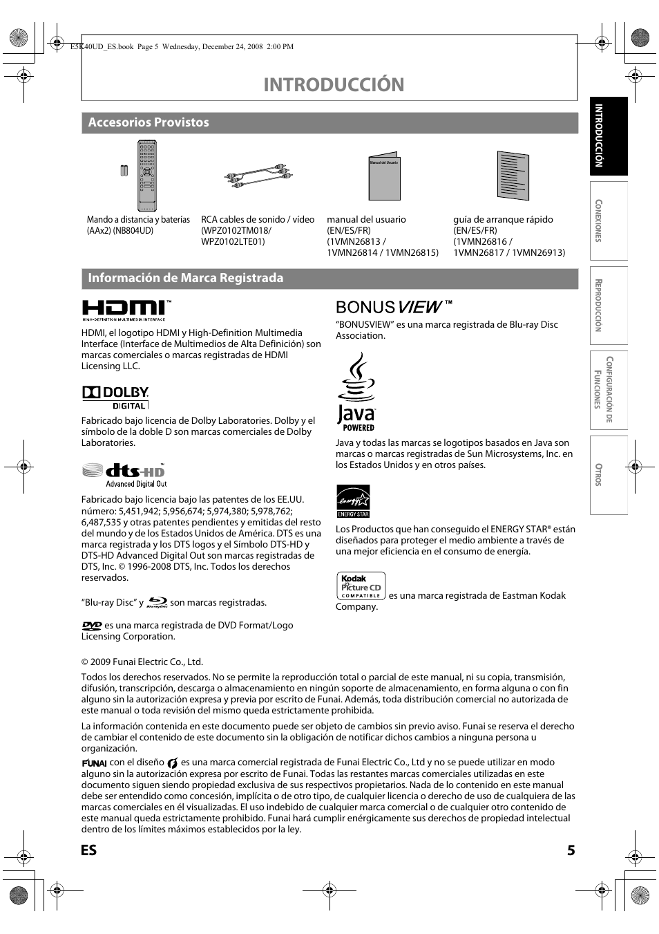 Introducción, Accesorios provistos, Información de marca registrada | FUNAI Blu-ray NB530SLX User Manual | Page 107 / 150