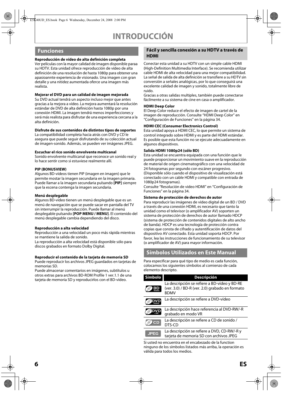 Símbolos utilizados en este manual, Introducción, Funciones | FUNAI Blu-ray NB530SLX User Manual | Page 108 / 150