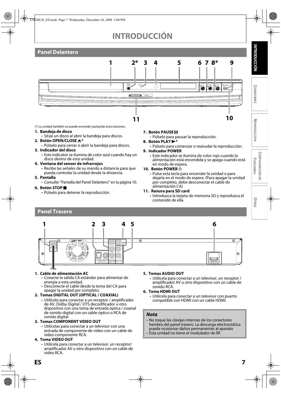 Panel delantero panel trasero, Introducción, Panel delantero | Panel trasero, Nota | FUNAI Blu-ray NB530SLX User Manual | Page 109 / 150