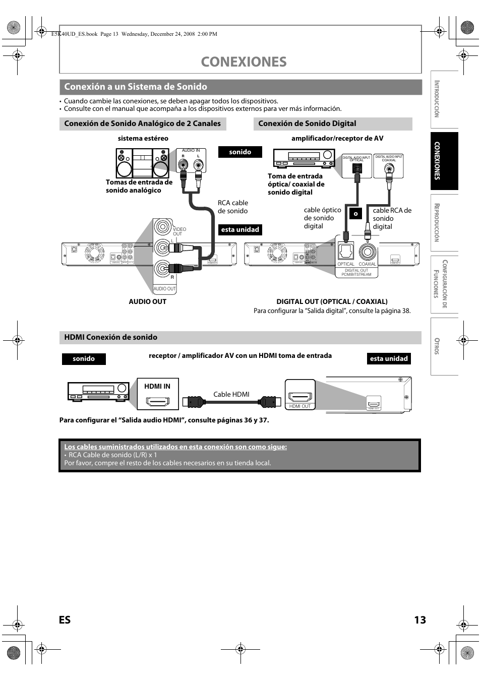 Conexión a un sistema de sonido, Conexiones, 13 es | Hdmi conexión de sonido, Conexi ones r | FUNAI Blu-ray NB530SLX User Manual | Page 115 / 150
