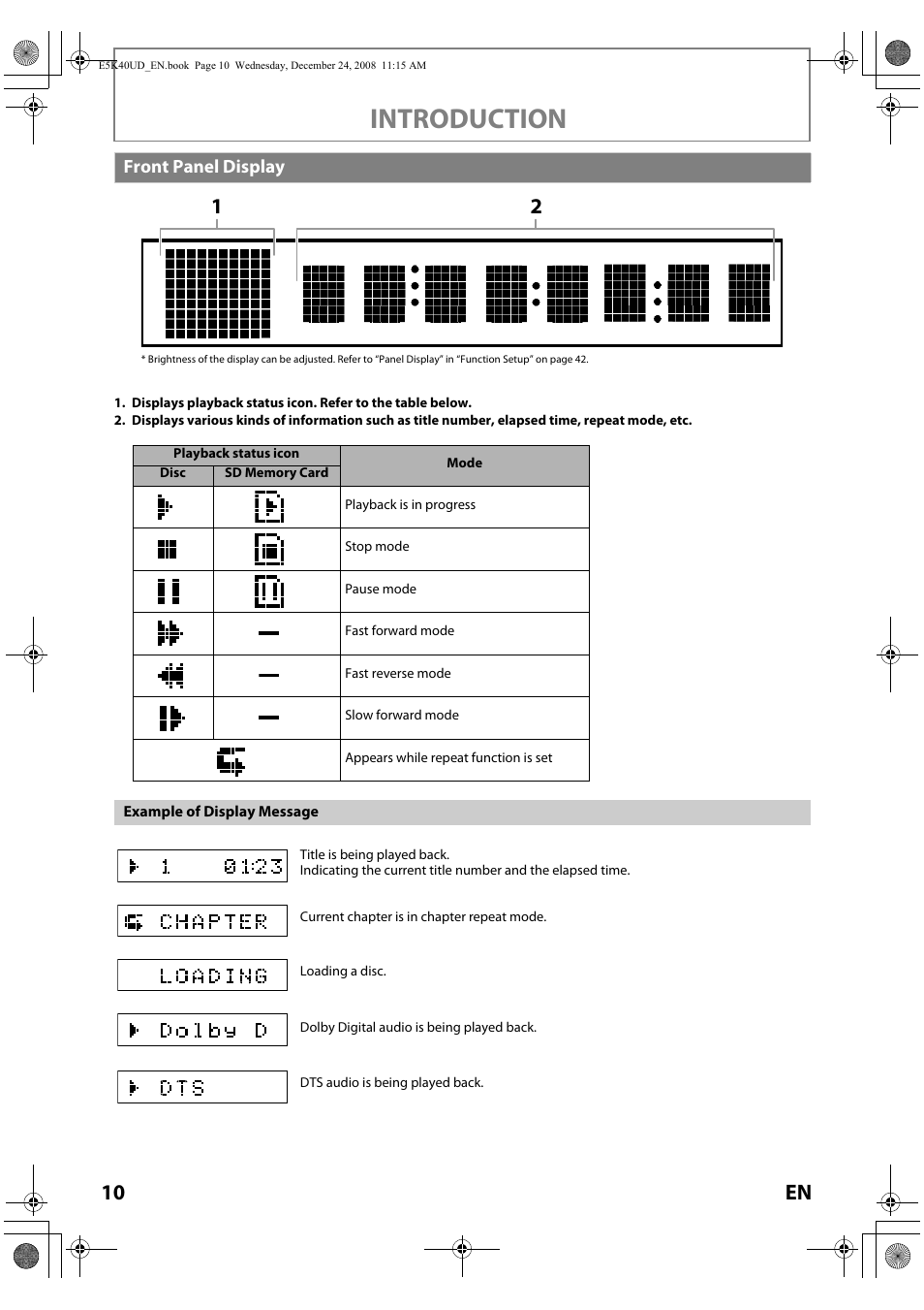Front panel display, Introduction, 10 en | FUNAI Blu-ray NB530SLX User Manual | Page 12 / 150