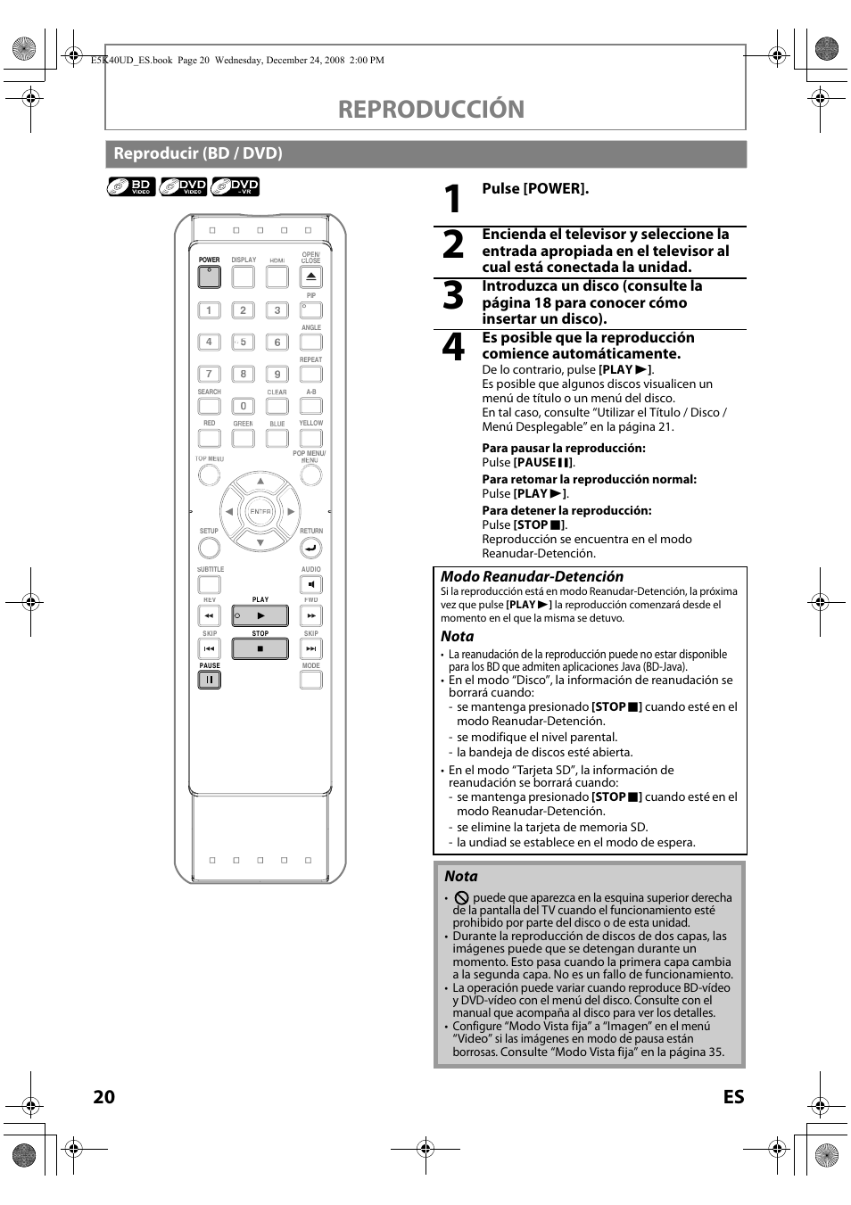 Reproducir (bd / dvd), Reproducción, 20 es | FUNAI Blu-ray NB530SLX User Manual | Page 122 / 150