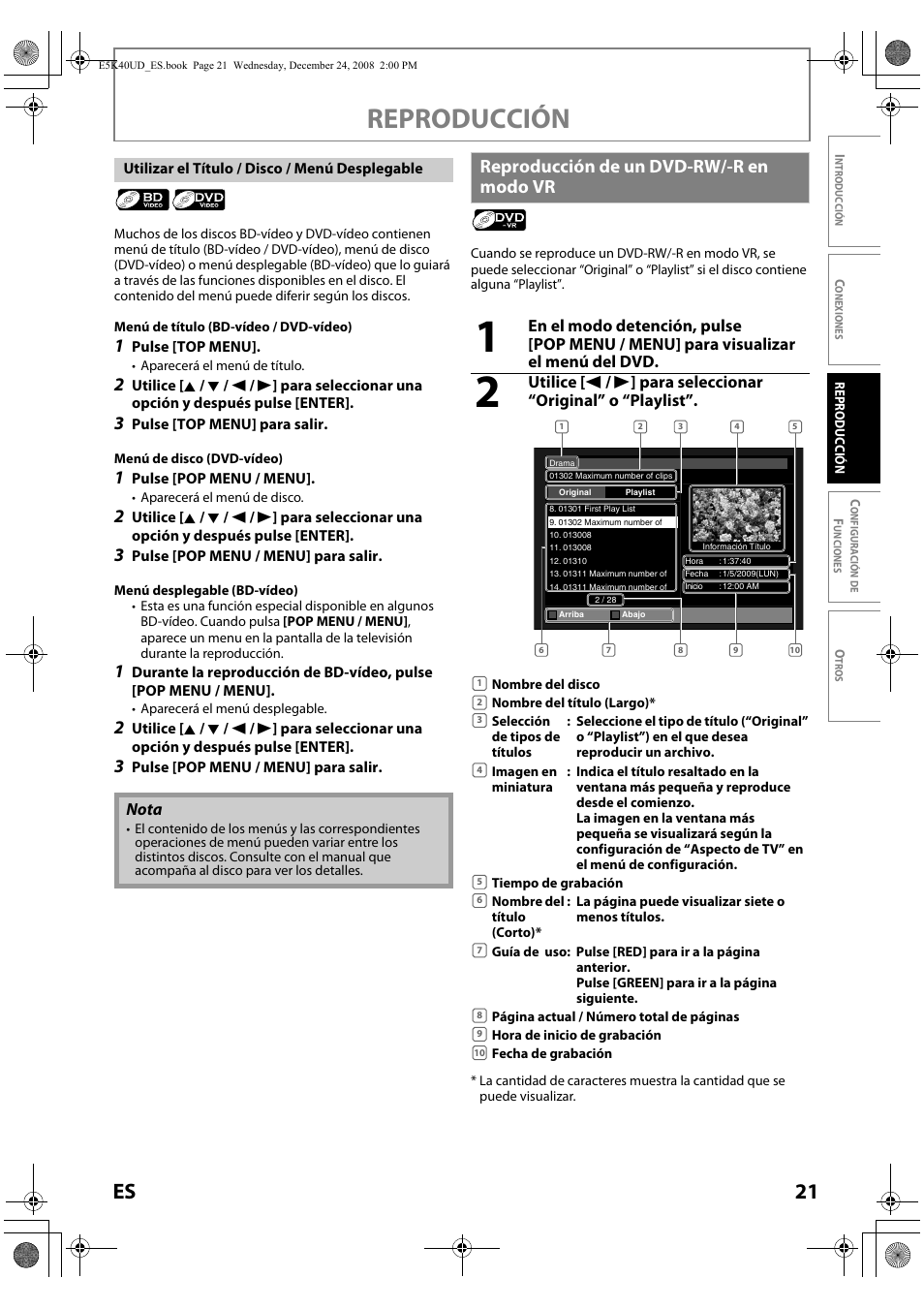 Reproducción de un dvd-rw/-r en modo vr, Reproducción, 21 es | Nota | FUNAI Blu-ray NB530SLX User Manual | Page 123 / 150