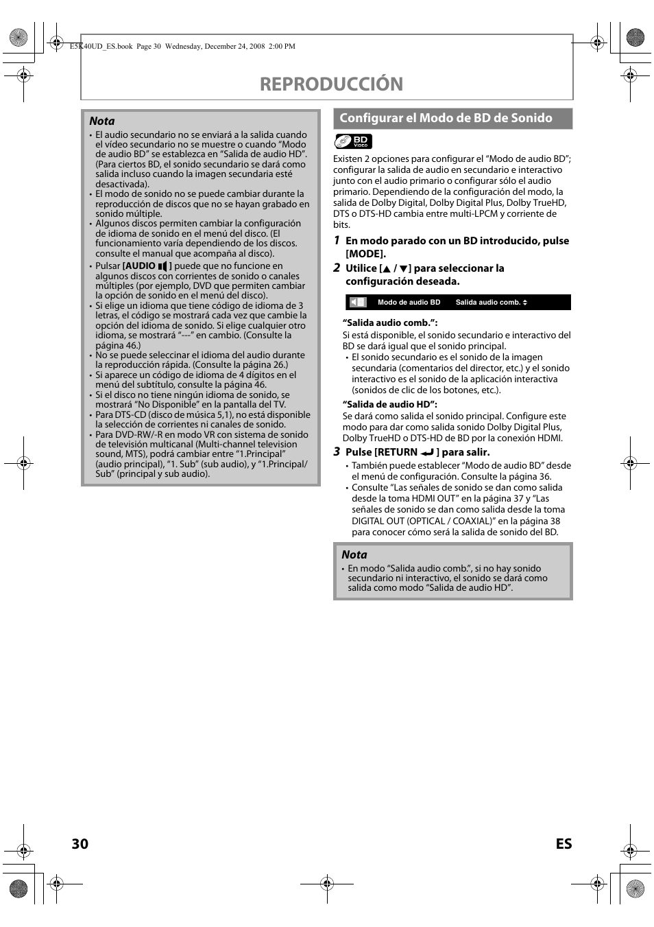 Configurar el modo de bd de sonido, Reproducción, 30 es | FUNAI Blu-ray NB530SLX User Manual | Page 132 / 150