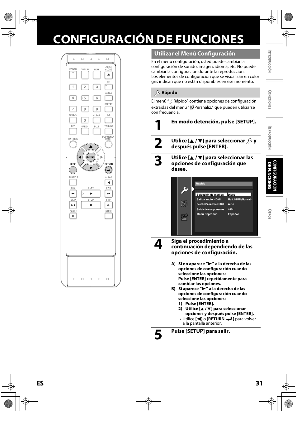 Configuración de funciones, Utilizar el menú configuración, Rápido | 31 es | FUNAI Blu-ray NB530SLX User Manual | Page 133 / 150