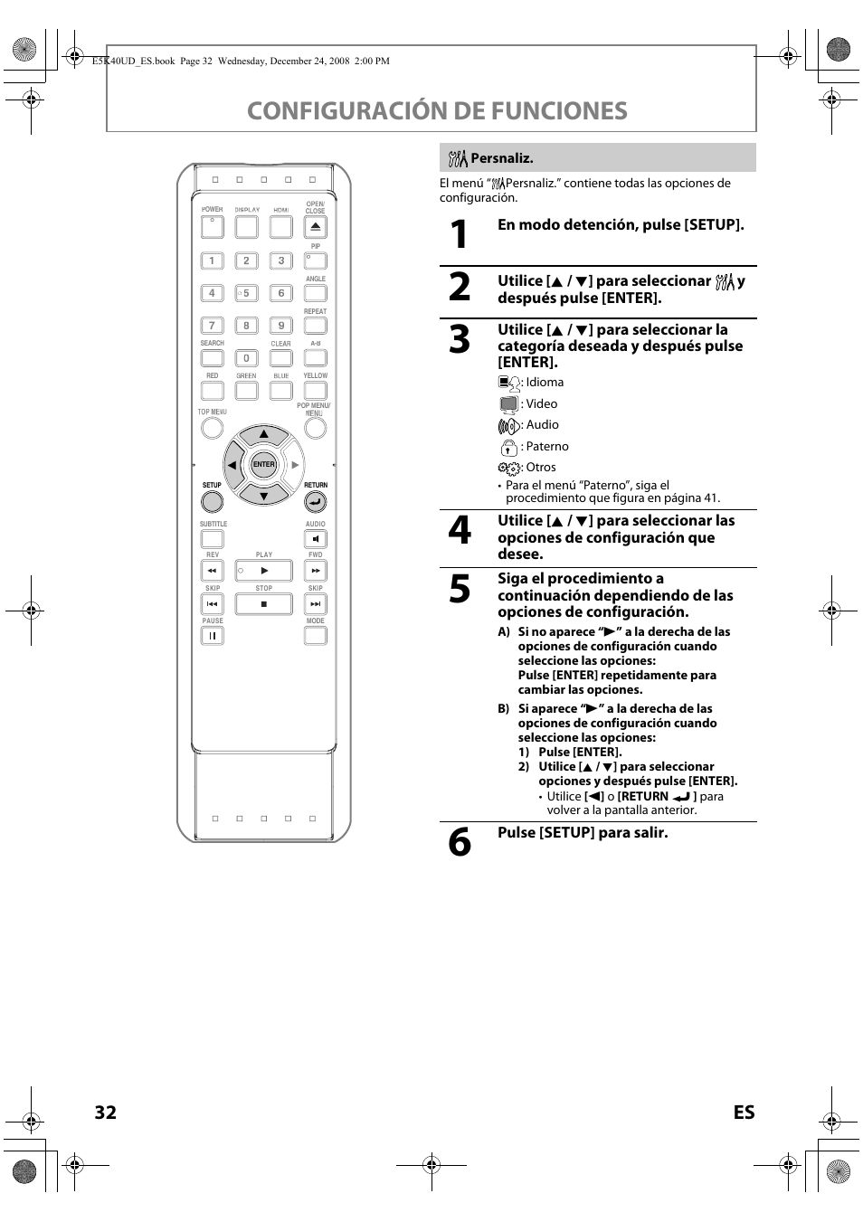 Persnaliz, Configuración de funciones, 32 es | FUNAI Blu-ray NB530SLX User Manual | Page 134 / 150