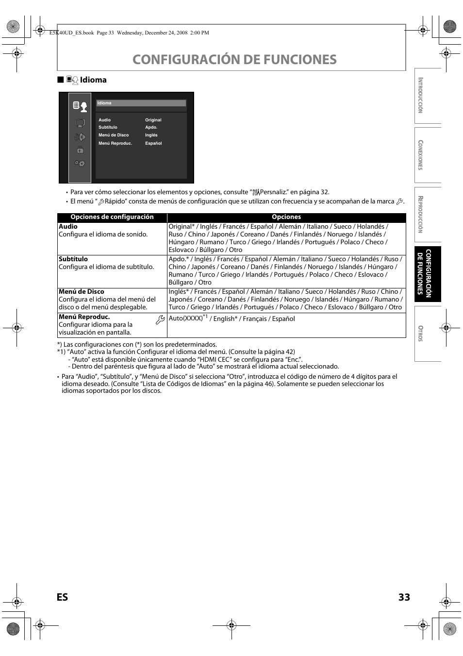 Idioma, Configuración de funciones, 33 es | Sidioma | FUNAI Blu-ray NB530SLX User Manual | Page 135 / 150