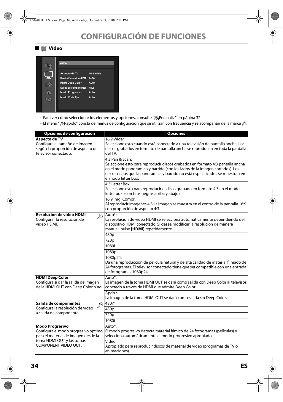 Vídeo, Configuración de funciones, 34 es | Svídeo | FUNAI Blu-ray NB530SLX User Manual | Page 136 / 150