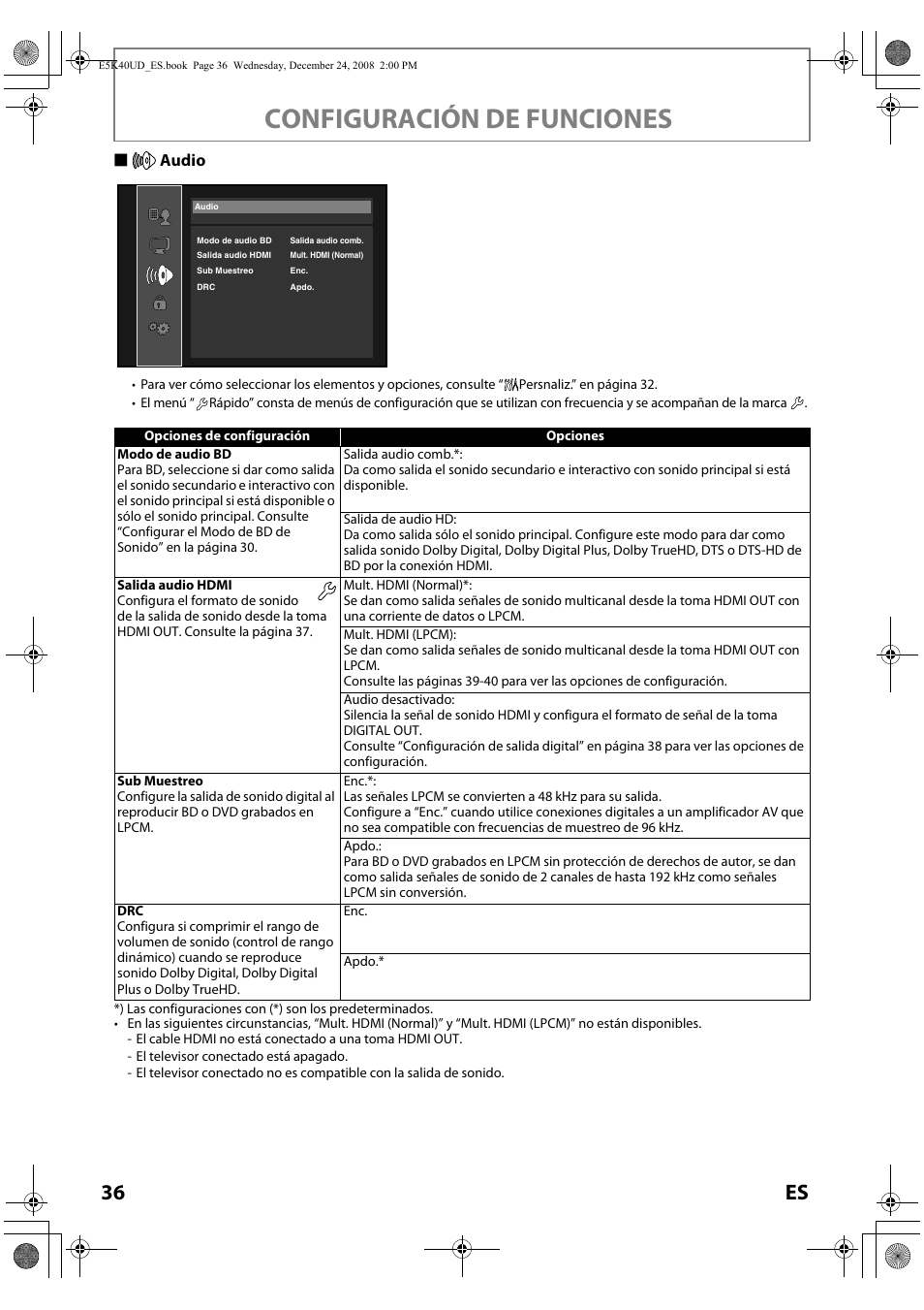 Audio, Configuración de funciones, 36 es | Saudio | FUNAI Blu-ray NB530SLX User Manual | Page 138 / 150