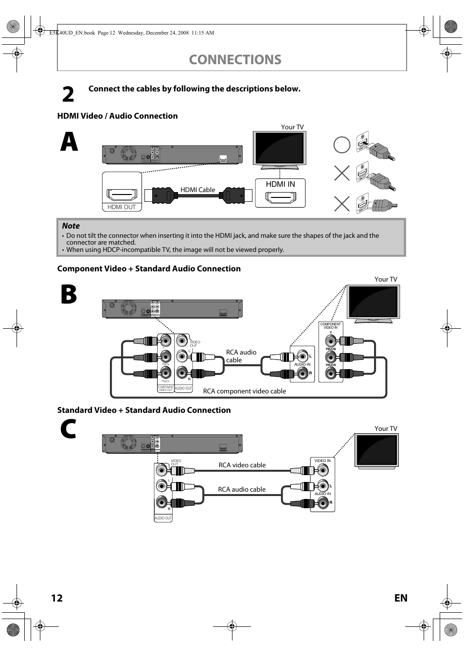 Connections, 12 en, Hdmi in | FUNAI Blu-ray NB530SLX User Manual | Page 14 / 150