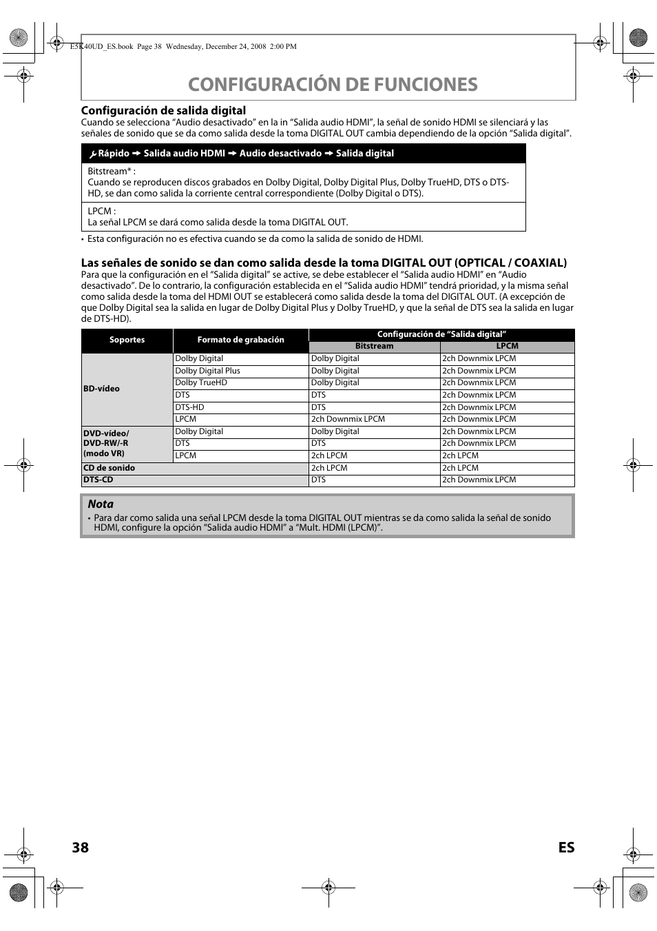 Configuración de funciones, 38 es, Configuración de salida digital | Nota | FUNAI Blu-ray NB530SLX User Manual | Page 140 / 150
