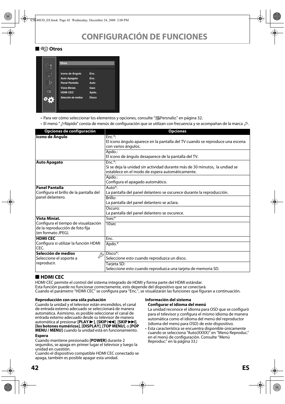 Otros, Consulte la, Configuración de funciones | 42 es, Sotros, S hdmi cec | FUNAI Blu-ray NB530SLX User Manual | Page 144 / 150