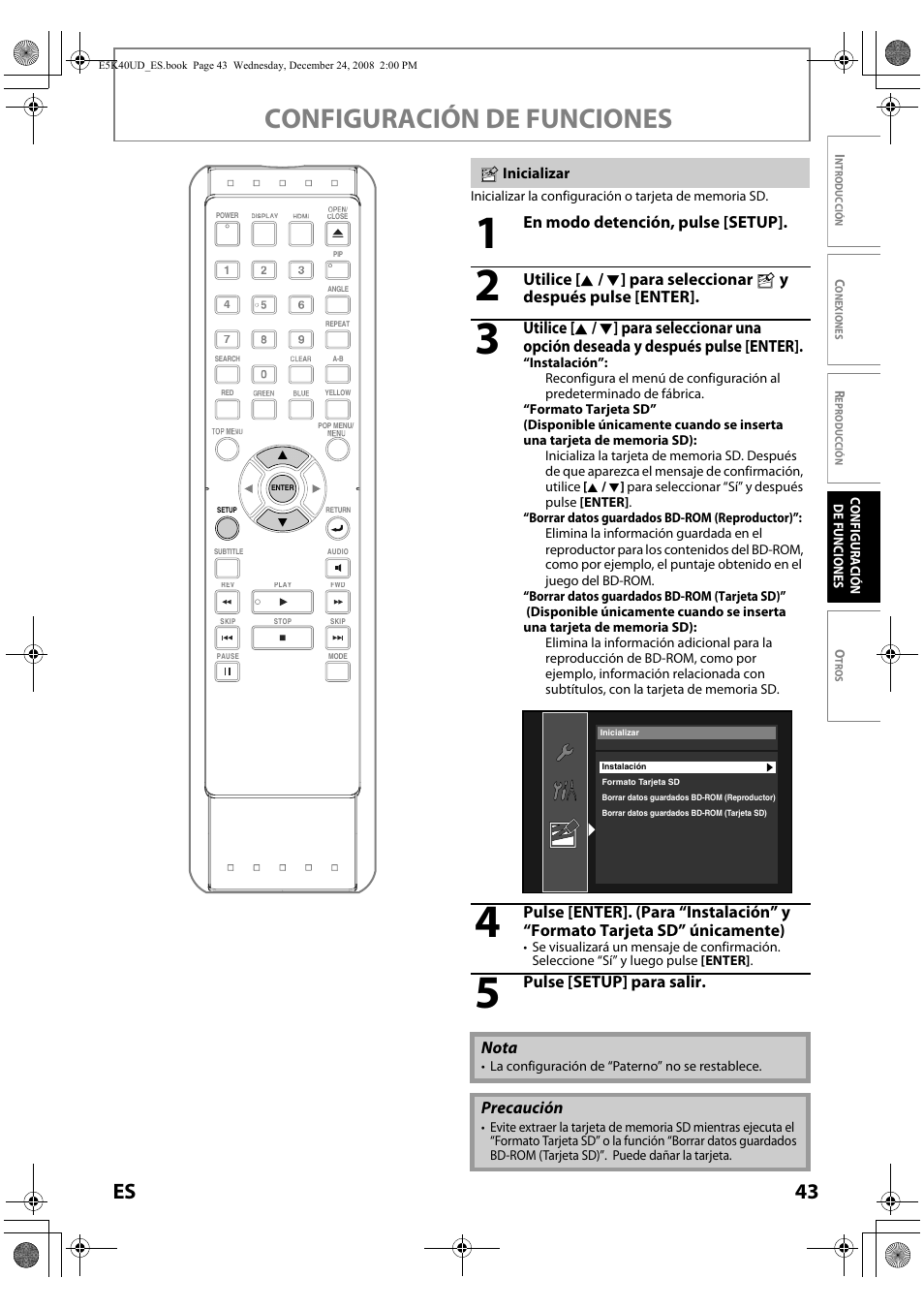 Inicializar, Configuración de funciones, 43 es | FUNAI Blu-ray NB530SLX User Manual | Page 145 / 150