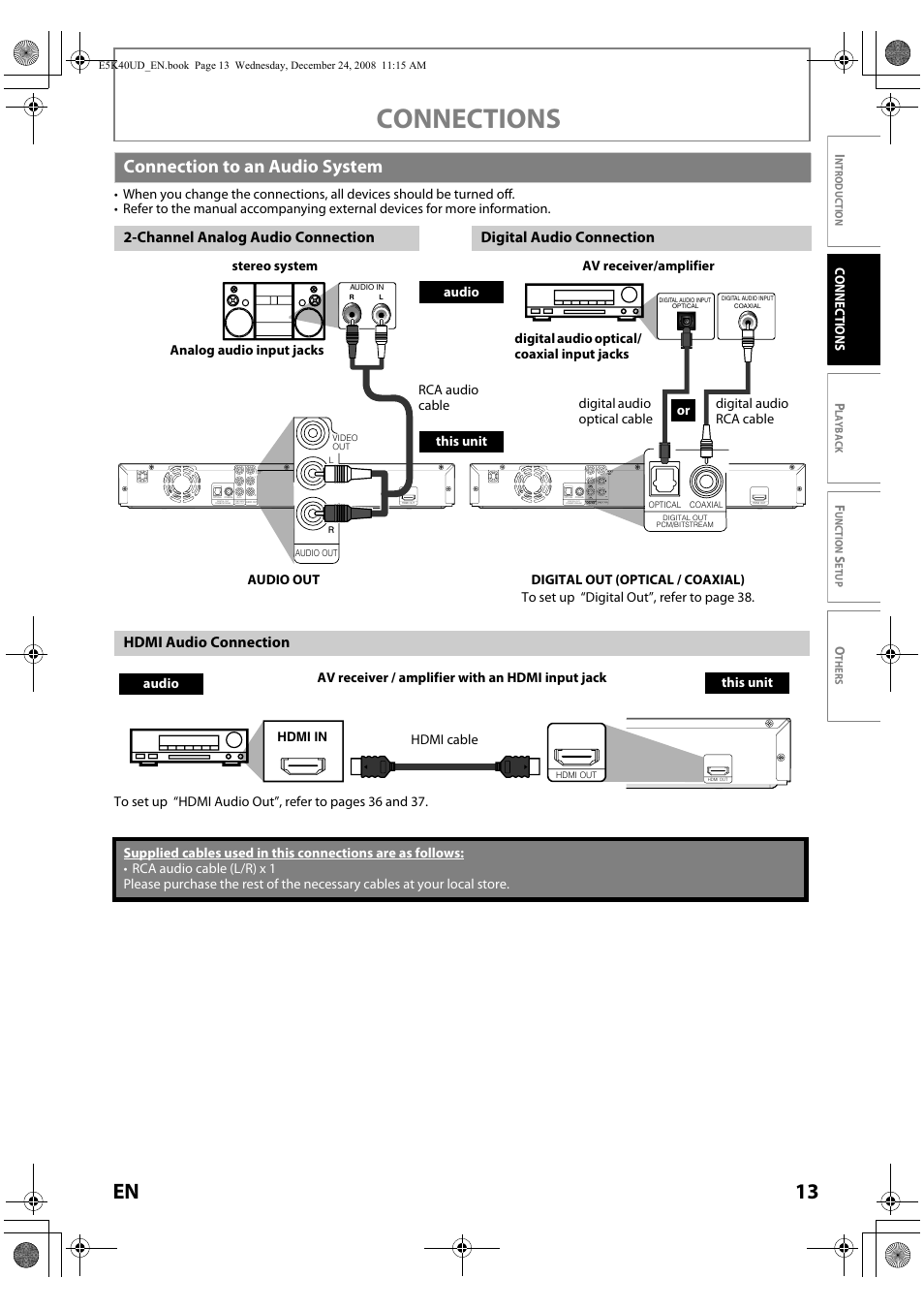 Connection to an audio system, Connections, 13 en | Hdmi a udio connection, Conne c t ions p | FUNAI Blu-ray NB530SLX User Manual | Page 15 / 150