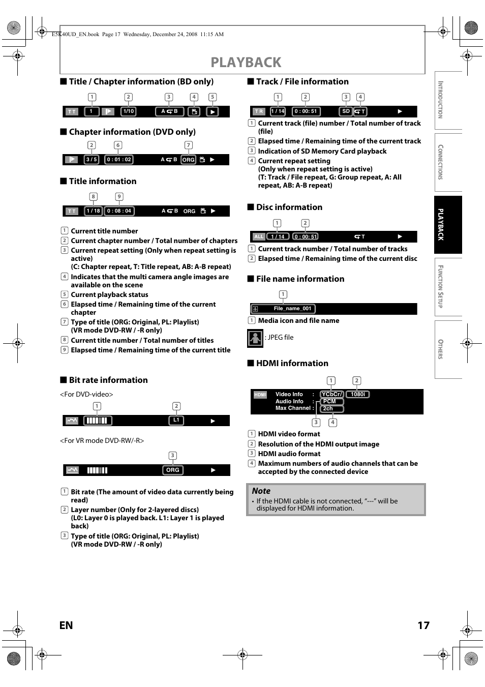 Playback, 17 en, S hdmi information | FUNAI Blu-ray NB530SLX User Manual | Page 19 / 150