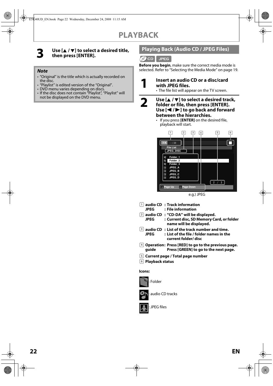 Playing back (audio cd / jpeg files), Playback, 22 en | FUNAI Blu-ray NB530SLX User Manual | Page 24 / 150