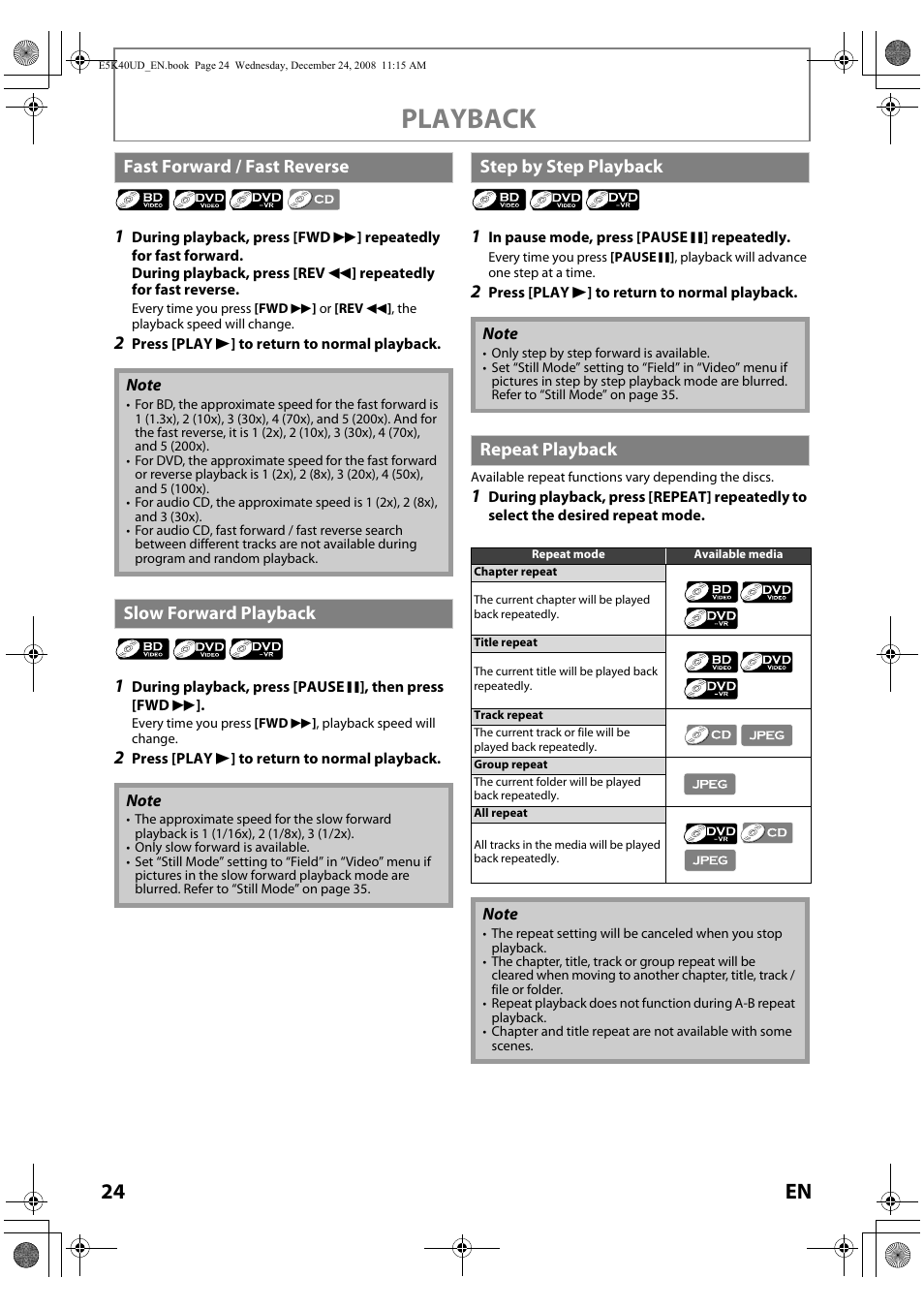Playback, 24 en, Fast forward / fast reverse | Slow forward playback, Step by step playback, Repeat playback | FUNAI Blu-ray NB530SLX User Manual | Page 26 / 150